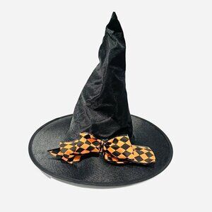 Witch Hat Black w/ Orange Black Diamond Pattern Bow Halloween Costume